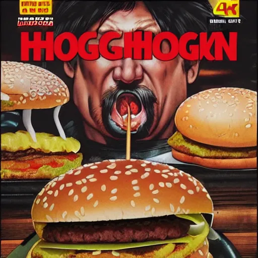 Prompt: hulk hogan eating a massive big mac hamburger, extra pickles and onions, ultra detailed, style of norman rockwell, style of richard corben, 4 k, rule of thirds.