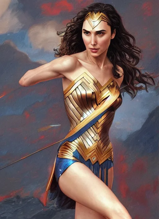 Prompt: full length photo of gal gadot the cover of sports illustrated 1 9 6 5, intricate, elegant, highly detailed, digital painting, artstation, concept art, matte, sharp focus, illustration, hearthstone, art by artgerm and greg rutkowski and alphonse mucha