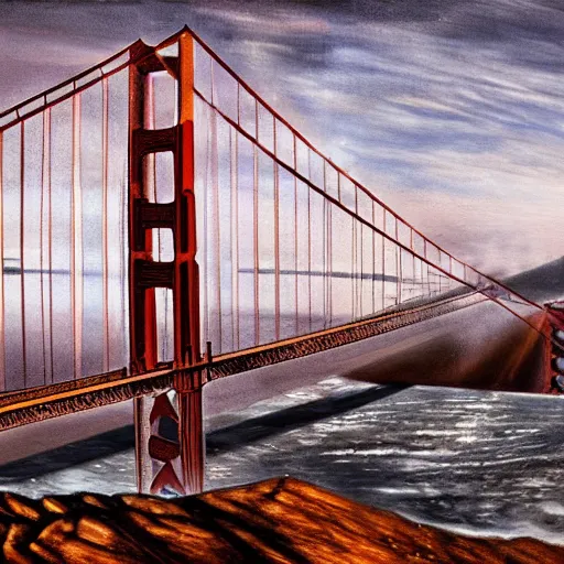 Prompt: a photorealistic portrait of the golden gate bridge in a post apocalyptic wasteland