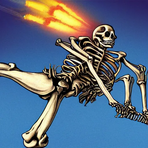 Prompt: a detailed portrait of a skeleton riding a missile, art illustration, incredibly highly detailed and realistic, 8 k, sharp focus