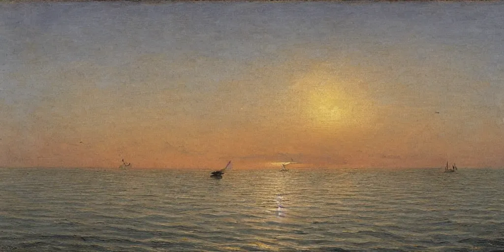 Image similar to rising sun ( ( ( fishing cormorant, fishing boat ) ) ) on the naples bay, by paul gustav fisher and moebius