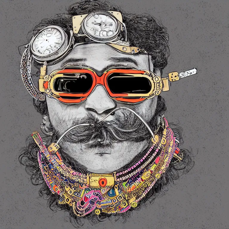 Image similar to face portrait of an indian man with long neon moustache rajasthani pagdi wearing madmax style steampunk goggles and steampunk jewelry, art by butcher billy, sticker, colorful, illustration, highly detailed, simple, smooth and clean vector curves, no jagged lines, vector art, smooth