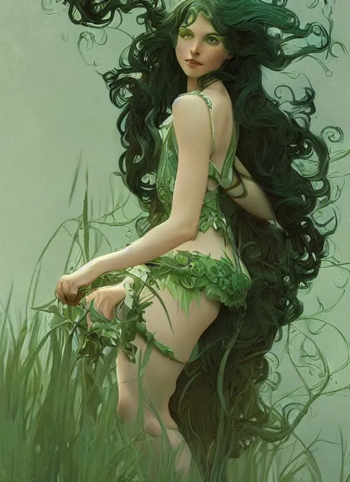 Image similar to a beautiful cute young green fairy, D&D, fantasy, intricate, cinematic lighting, highly detailed, digital painting, artstation, concept art, smooth, sharp focus, illustration, art by Terry Moore and Greg Rutkowski and Alphonse Mucha