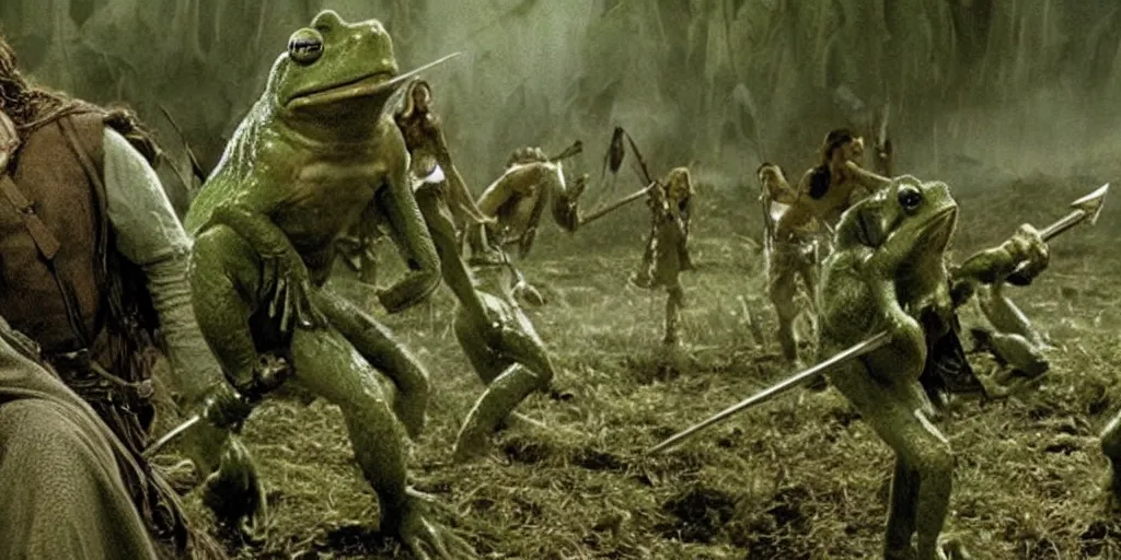 Image similar to movie scene, lord of the rings, with many frogs