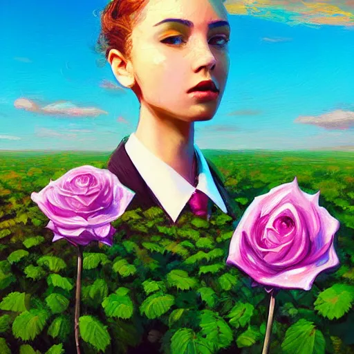 Image similar to closeup, giant rose flower head, frontal, girl in a suit, surreal photography, sunrise, blue sky, dramatic light, impressionist painting, digital painting, artstation, simon stalenhag