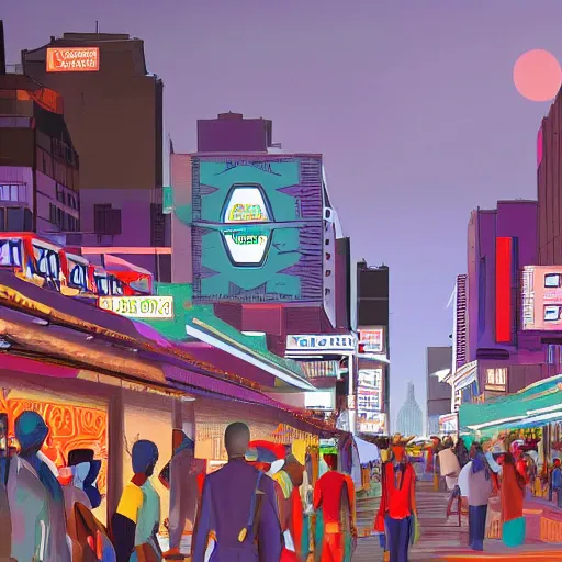 Image similar to futuristic ndebele city, night street scene, highly detailed, digital ndebele billboards