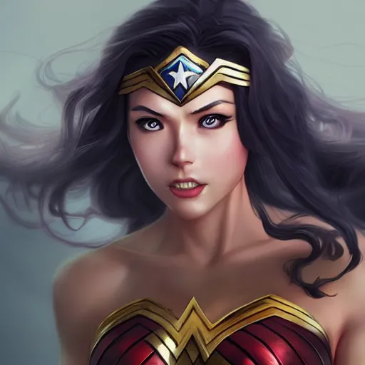 Prompt: A realistic anime wonder woman, digital painting, by WLOP and Rossdraws, digital painting, trending on ArtStation, deviantart