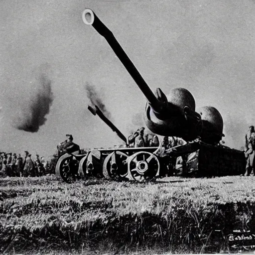 Prompt: a picture of a enormous bear pulling a towed cannon like a chariot, eastern front, historical picture