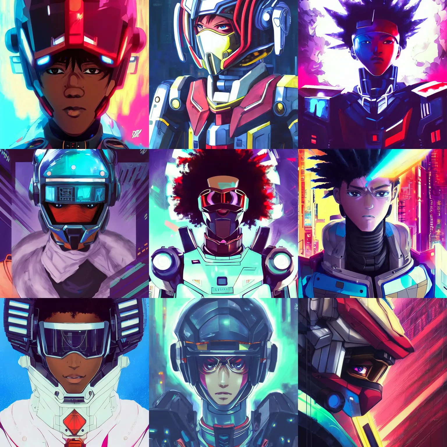 Prompt: anime manga afro - cyberpunk 🧔🏿♂ gundam pilot portrait with an intricate futuristic urban inspired helmet, hyperrealistic digital oil painting, by makoto shinkai and ilya kuvshinov and lois van baarle and rossdraws and basquiat, trending on artstation, cmyk, neon colors