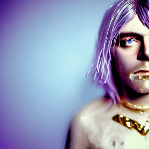 Image similar to Kurt Cobain with silver-violet hair, white eyes and golden glittery dress, wide lens, diorama, 4k,