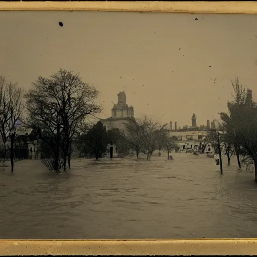 Image similar to grainy 1800s photo of a city being flooded by mud