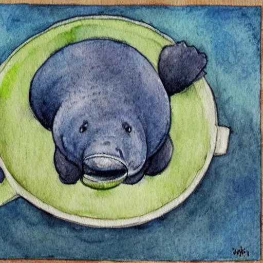 Image similar to cute manatee drinking tea detailed watercolor and colored pencil painting 4 k