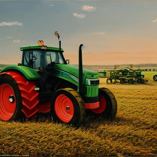 Image similar to hyperrealistic painting image where a tractor appears in the cinematic field