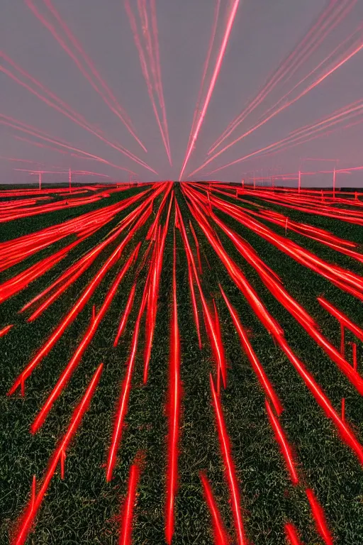 Image similar to Three giant red crosses made out of light beams in the center of a corn field