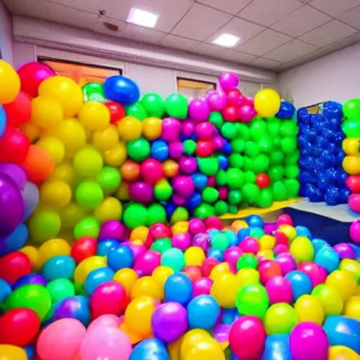 Prompt: photo of endless corridors where the floor is made of ballpit