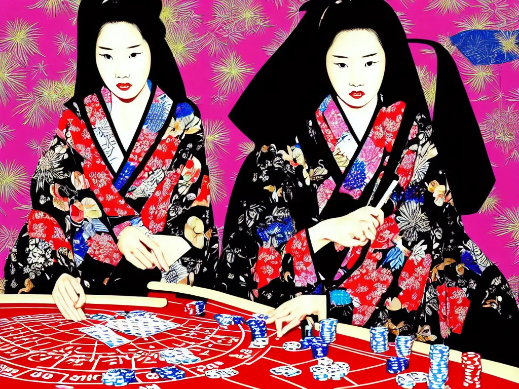 Image similar to hyperrealism composition of the detailed woman in a japanese kimono sitting at an extremely detailed poker table with darth vader, fireworks and folding screen on the background, pop - art style, jacky tsai style, andy warhol style, acrylic on canvas