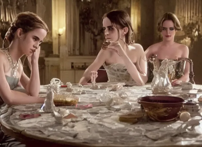 Prompt: movie still of a emma watson with a very big bust sitting at a table with katy perry, smooth white skin, directed by Guillermo Del Toro