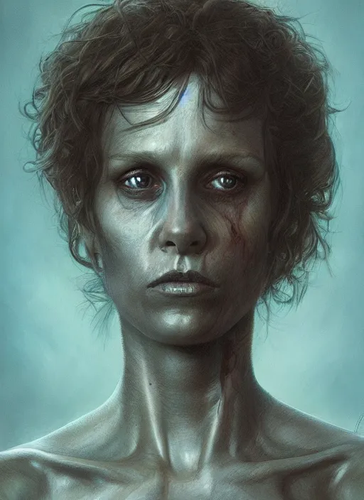 Image similar to a hyper detailed upper body portrait of ellen ripley : : 1 0 beginning a transformation into a xenomorph : : 5, by tom bagshaw, by zdzisław beksinski, trending on artstation