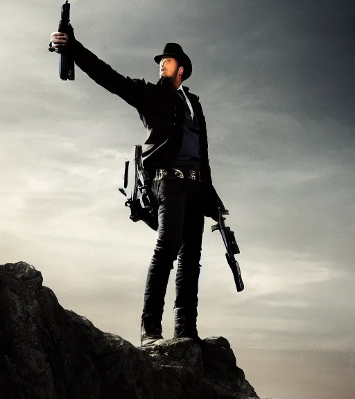 Prompt: hd pro epic 4k wideangle unreal movie photo of gunslinger standing near darktower dramatic Leica Zeiss cinematic noir frank Miller giger trending on Flickr artstation