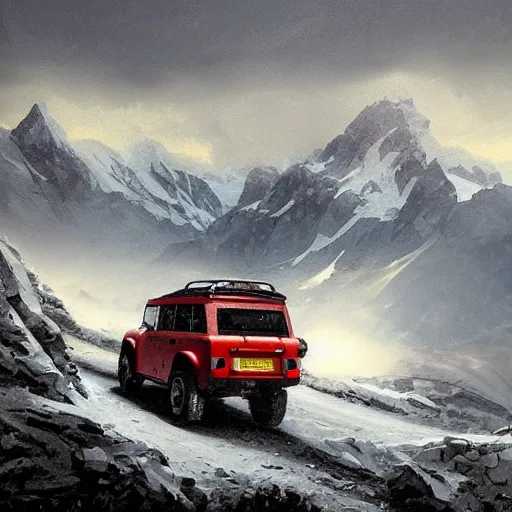 Prompt: a landrover crossing the alps while its snowing, digital art, artstation, photgraphy, highly detailed, digital painting, artstation, concept art, sharp focus, illustration, art by greg rutkowski and artgerm