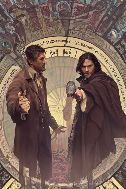 Image similar to a detailed matte portrait of jensen ackles holmes and jared padalecki as doctor watson, masterpiece, 8 k, art by alphonse mucha and greg rutkowski