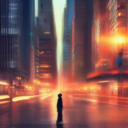 Prompt: lone figure watching a busy city at dusk, city lights, epic, uplifting, vignette, high detail, style of Artgerm