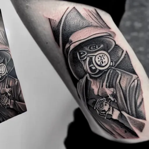 Prompt: photograph of a tatoo showing an etching of a plague doctor side shot looking at a very old pocket watch in the palm of his hand