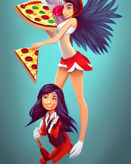 Prompt: female harpy as a pizza delivery woman, bird human hybrid with feathery bird arms and talon bird feet, holding a cardboard pizza box, wearing a pizza delivery uniform. feathers for hair, cute, dynamic character design, stunning, highly detailed digital painting, artstation, stylized urban fantasy artwork, by artgerm and paul robertson