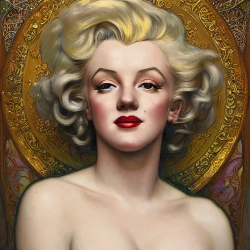 Prompt: Masterpiece head and shoulders portrait of marilyn monroe drawn by Donato Giancola and Tom Bagshaw, Edmund Leighton, Alphonse Mucha, background by James Jean and Gustav Klimt, 4k, porcelain skin, volumetric lighting, komorebi, french nouveau, trending on artstation, octane render, hyperrealistic