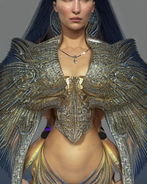 Image similar to a highly detailed metahuman 8 k close up render of bella hadid evangelion renaissance in iris van herpen dress schiaparelli in diamonds crystals swarovski and jewelry iridescent in style of alphonse mucha gustav klimt trending on artstation made in unreal engine 4