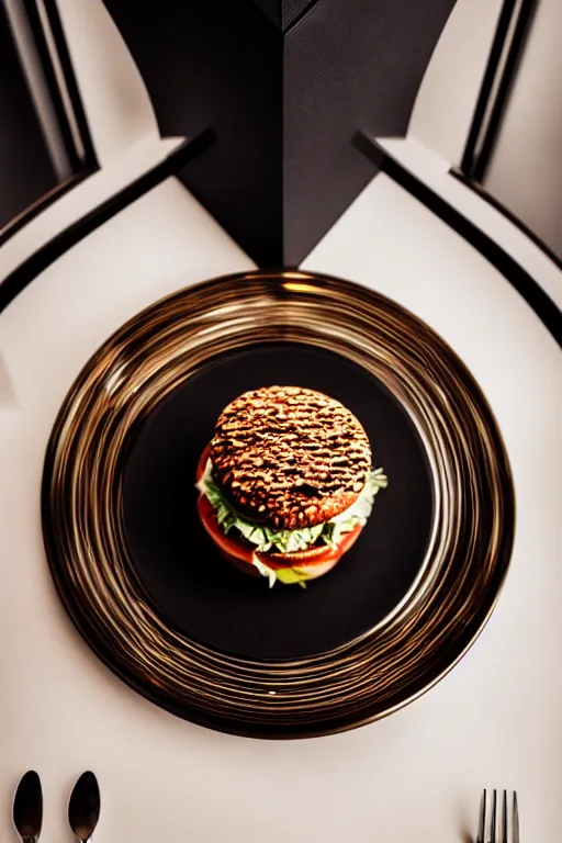 Prompt: an endless burger, symmetry, cinematic, elegant, expensive, luxury materials, perfect light, perfect composition, dlsr photography, sharp focus, 4 k, ultra hd, sense of awe, by tiffany and swarovski