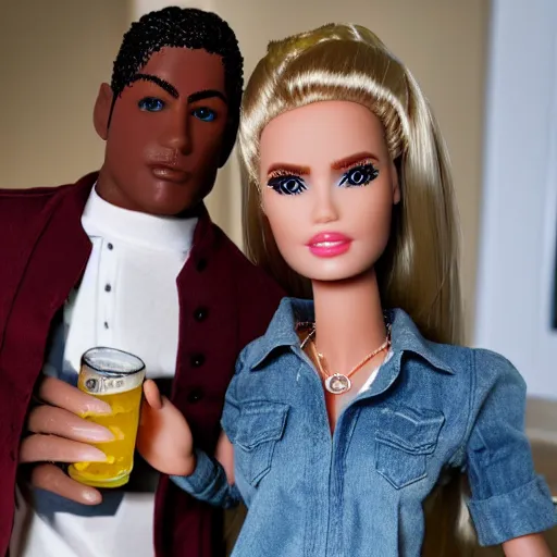 Image similar to a bruised Barbie doll with a black eye standing next to Ken doll holding a beer