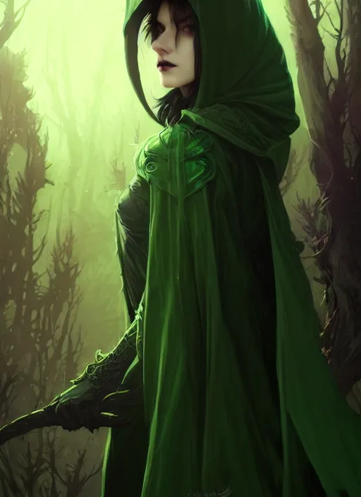 Image similar to side portrait dark witch with hood, adventurer outfit large cloak, fantasy forest landscape, moonshine, fantasy magic, undercut hairstyle, short green black fade hair, dark light night, intricate, elegant, sharp focus, illustration, highly detailed, digital painting, concept art, matte, art by WLOP and Artgerm and Greg Rutkowski and Alphonse Mucha, masterpiece