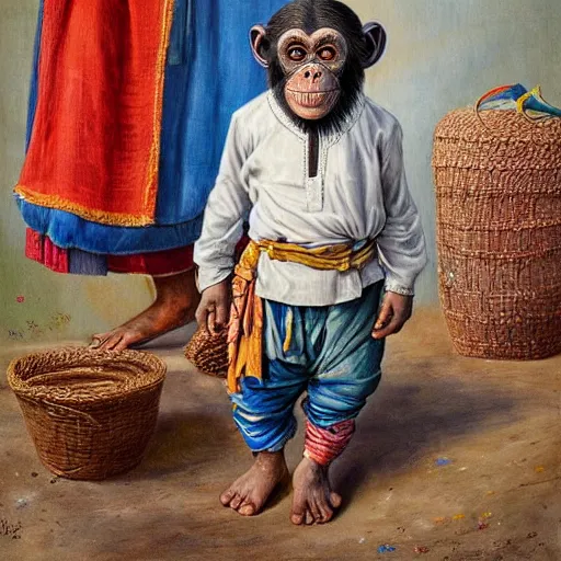 Image similar to beautiful painting by sophie anderson of a chimpanzee wearing traditional men kurdish clothes baggy pants and white shirt with a large sash tied around the waist in a kurdish village, award winning art, insanely detailed, bright colors, global illumination, cute, young, stunning