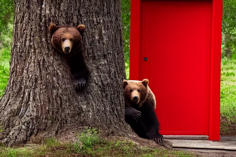 Image similar to grizzly wearing a red shirt sitting outside big tree with a red door by Roger Deakins