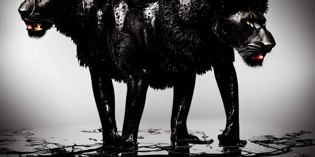 Prompt: the black lioness made of ferrofluid, stalking prey in the jungle at night, viscous, sticky, dripping black goo, dripping goo, sticky black goo. photography, dslr, reflections, black goo, rim lighting, red light, cinematic light, horror, contrast, volumetric, neon, tar puddles