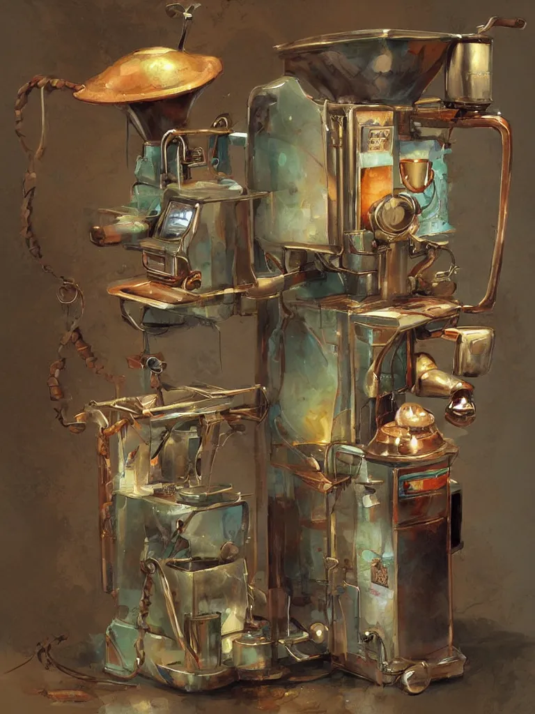 Image similar to ancient coffee machine, by Simon Stalenhaag, by Yoshita Amano, by Esao Andrews, sharp focus, fresh colors, deviantart, conceptart