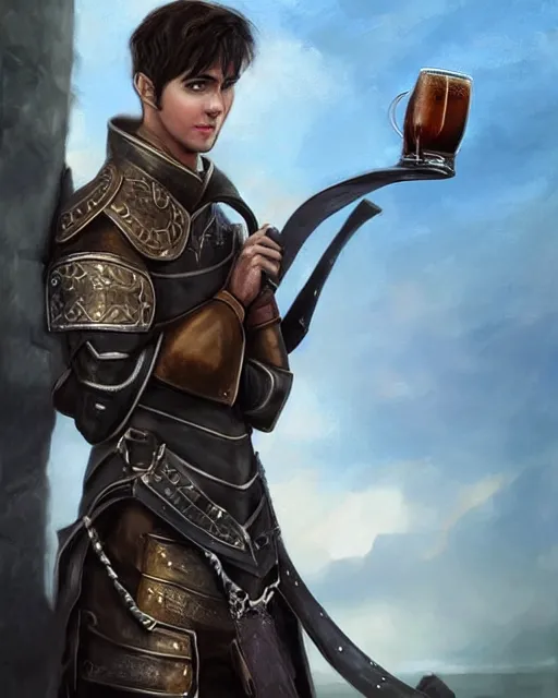 Prompt: Young man, lanky, pale, short black hair, wearing armor made of leather, holding a tankard of ale, digital art, realistic, detailed, trending on artstation, sea in the background