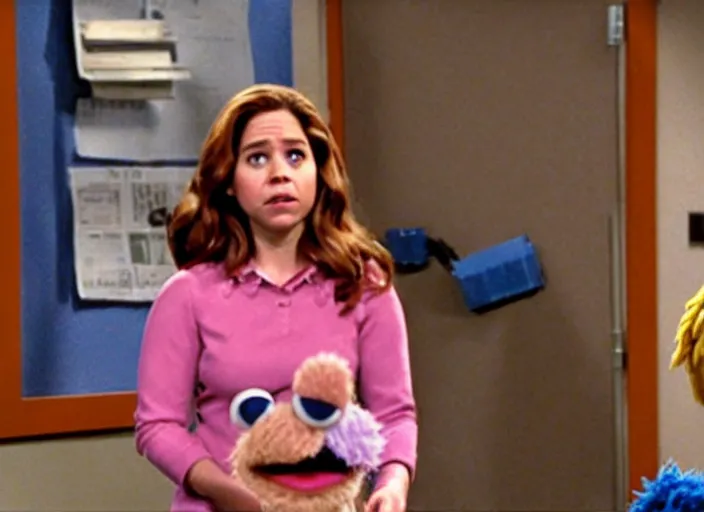 Image similar to film still of muppet!!!!! pam beesly!!!! as a muppet muppet muppet as a muppet in the tv show the muppet office