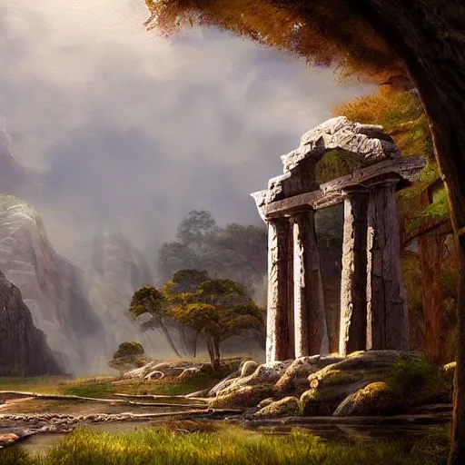 Image similar to phoenician temple in the woods of maine, artstation, matte oil painting, crisp, sharp, darrell k sweet, mysterious