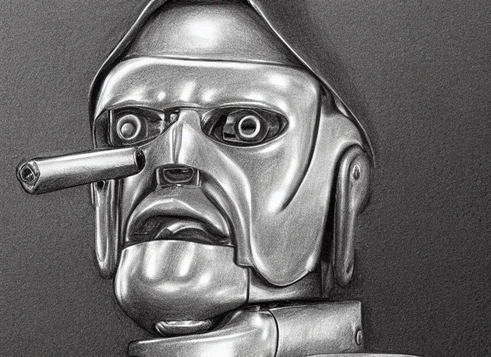 Image similar to basic professional pencil drawing of robot warlord smoking a cigar, uhd, ultra realistic, 4 k, movie still, detailed, sharp, real life, cinematic