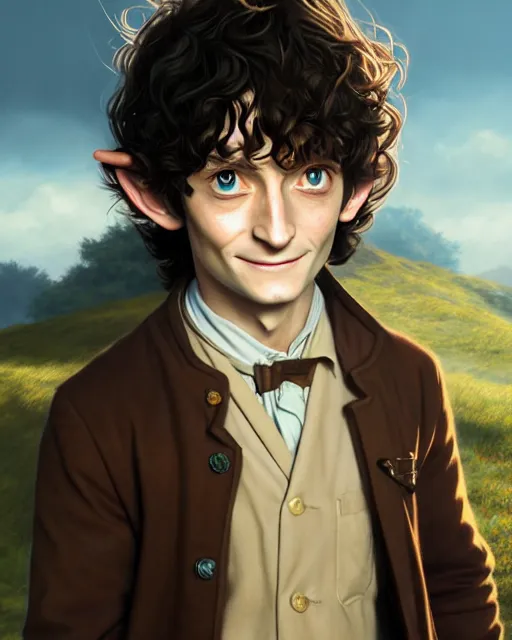 Image similar to portrait Anime joyful Hobbit Frodo Baggins; velvet brown jacket, backpack, Shire background || cute-fine-face, pretty face, realistic shaded Perfect face, fine details. Anime. realistic shaded lighting by Greg Rutkowski