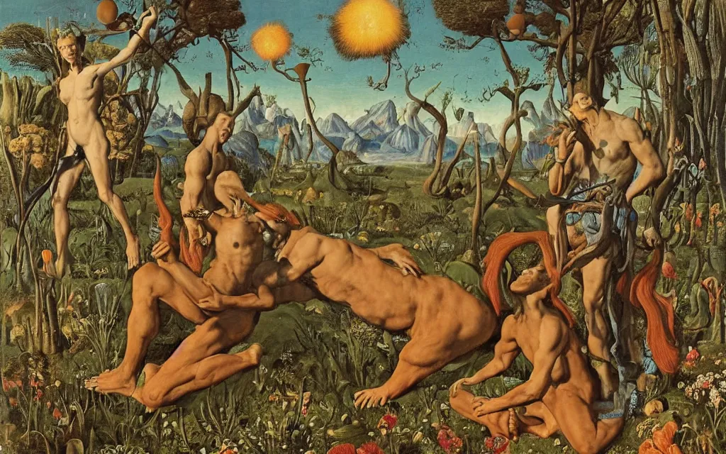 Image similar to a portrait photograph of a meditating satyr and a centaur monk riding a rocket machine and hunting at a river delta. surrounded by bulbous flowers and trees. mountain range under a blue sky of fiery stars. by jan van eyck, max ernst, ernst haeckel, ernst fuchs and artgerm, cgsociety, fashion editorial, 8 k