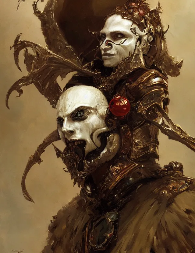 Prompt: paintedportrait of vampire wearing helmet made from ivory and intricate decorated with ornaments in unknown fantasy art style, fantasy intricate elegant extremely detailed digital painting trending artstation concept art sharp focus illustration art by gustave courbet greg rutkowski craig mullins