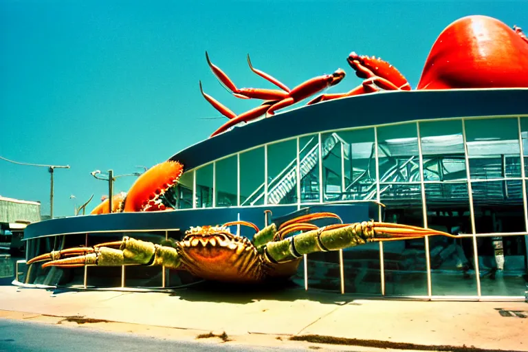 Image similar to 1 9 8 5 crab themed giant aquarium, googie architecture, one point perspective, americana, fishcore, exterior photography, hd 8 k, photography cinestill