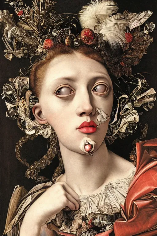 Image similar to Detailed maximalist portrait with large lips and with large eyes, sad expression, HD mixed media, 3D collage, highly detailed and intricate illustration in the style of Caravaggio, dark art, baroque