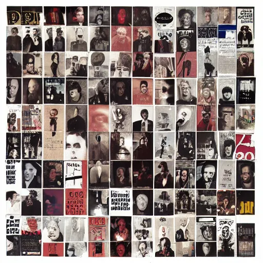 Image similar to vinyl LP cover for the 25th anniversary album by 'de portables' that is a cutout photo collage of only faces in all kinds of sizes and rotations from 1960 music magazines