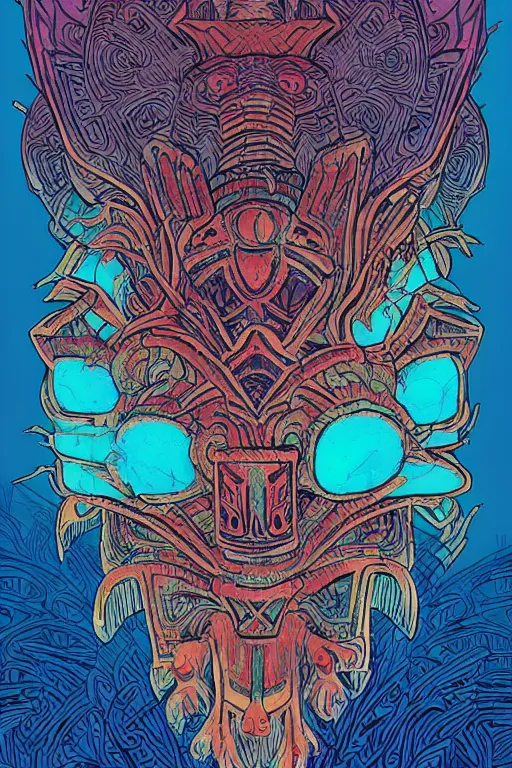 Image similar to totem animal tribal chaman vodoo mask feather gemstone plant video game illustration vivid color borderlands and by feng zhu and loish and laurie greasley, victo ngai, andreas rocha, john harris radiating a glowing aura