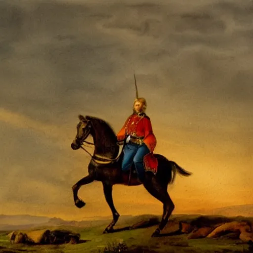 Image similar to watercolor painting of swedish king, riding a horse during sunset, by lars lerin, high detail