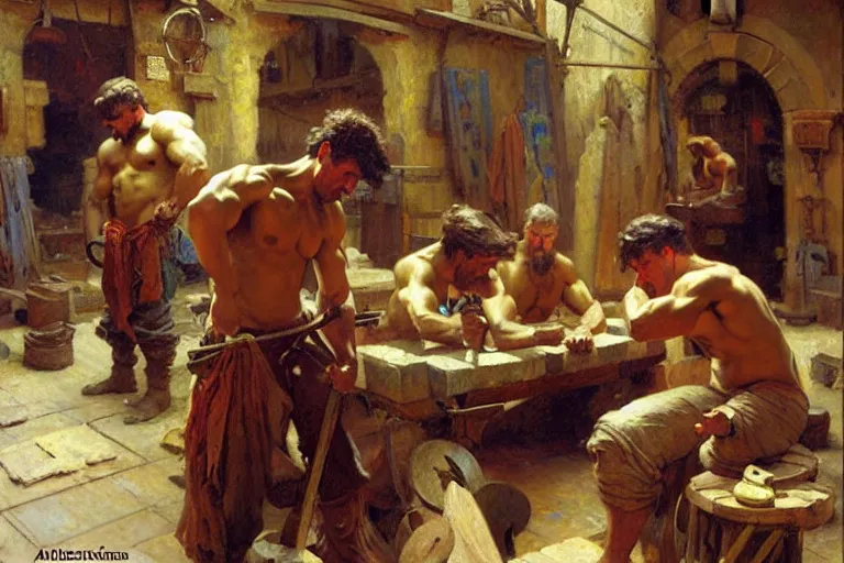 Prompt: muscular attractive blacksmiths in workshop, painting by gaston bussiere, craig mullins, greg rutkowski, alphonse mucha